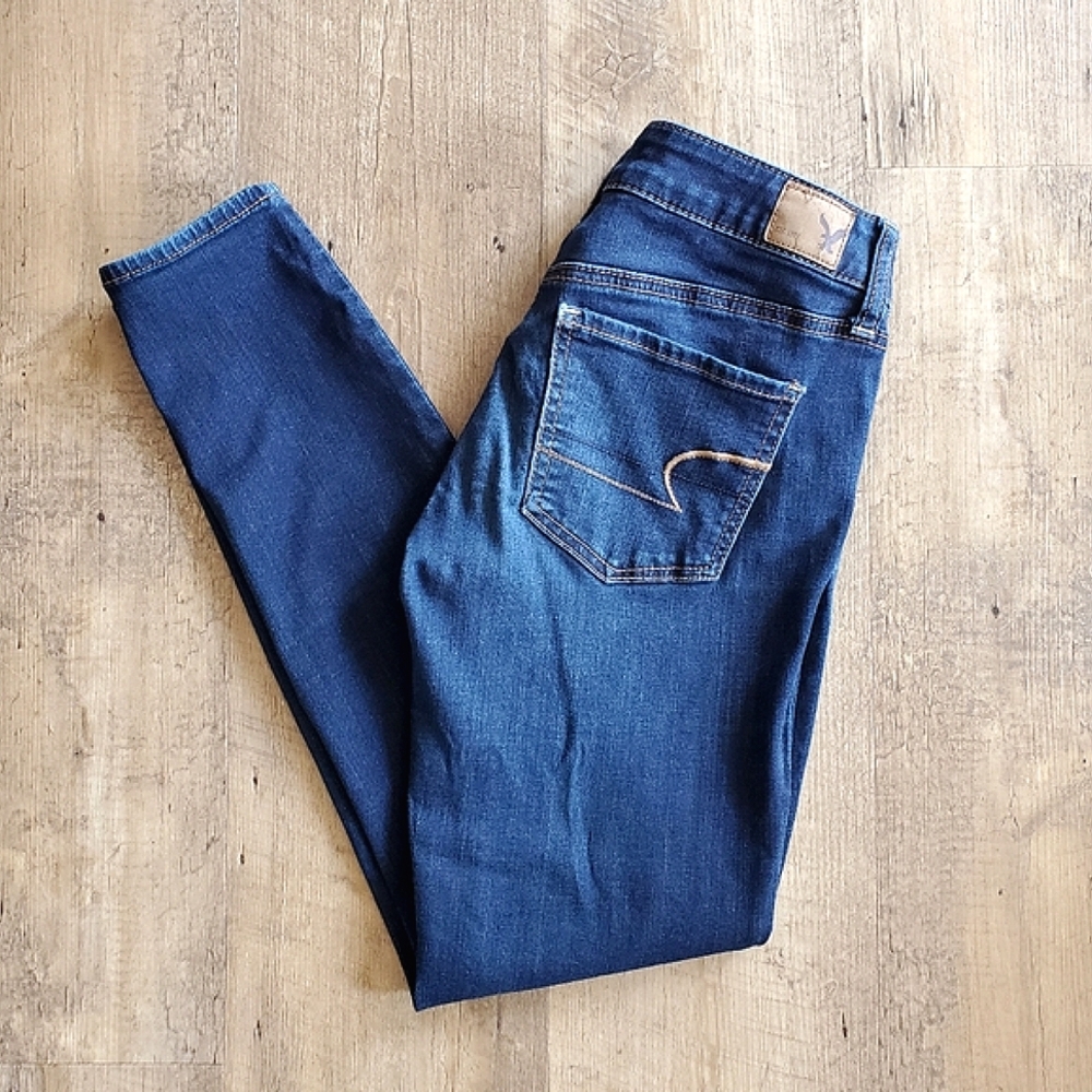 American Eagle Super Stretch Skinny Dark Blue Jeans Pants Jeggings Size 4 Short